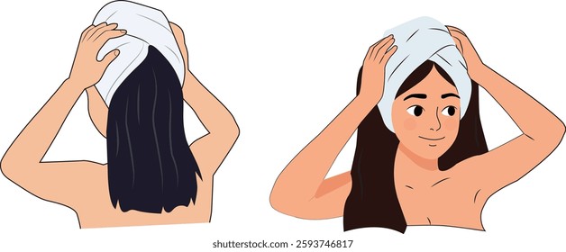 Hair Towel Woman Vector. Girl wrapping hair in towel. Post-shower, beauty routine, hair care