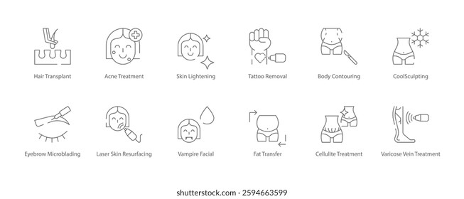 Hair Transplant, Acne Treatment, Skin Lightening, Tattoo Removal, Body Contouring, Eyebrow Microblading, and Vampire Facial Vector Icon Set