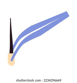 Hair transplant treatment forceps symbol. Surgical tweezers pulling out hair follicle. Alopecia medical procedure equipment tool. Hair loss diagnosis and transplantation concept. Vector illustration.