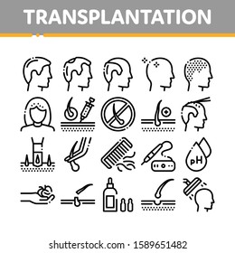 Hair Transplantation Collection Icons Set Vector Thin Line. Balding And Baldness Man Head, Shampoo And Medicine In Bottle Transplantation Concept Linear Pictograms. Monochrome Contour Illustrations