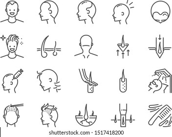 Hair Transplantation line icon set. Included icons as Hair Transplant, hair loss, hair follicles, FUE, FUT, alopecia and more.