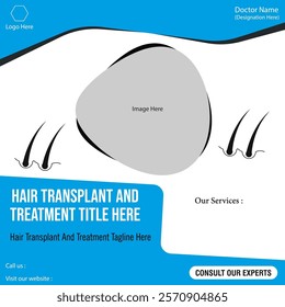 Hair transplantation and treatment promotion banner. Geometric graphics background poster white and blue color effects.