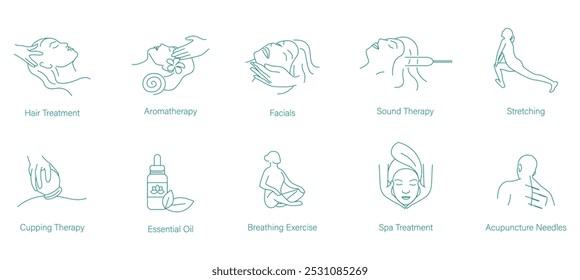 Hair Treatment, Aromatherapy, Facials, Sound Therapy, Stretching, Cupping Treatment, Essential Oil, Meditation, Breathing Exercises, Spa Treatment, and Acupuncture Vector Icons for Relaxation  