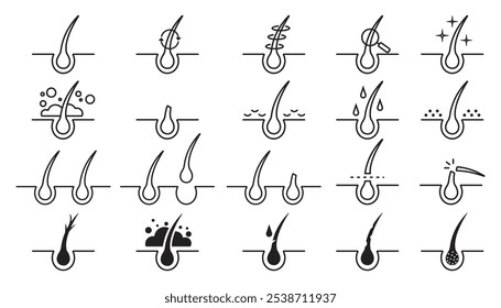 Tratamiento y cuidado del cabello - iconos vectoriales para champú aislado en blanco.