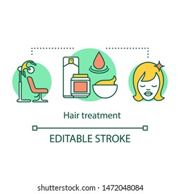 Hair treatment concept icon. Beauty service idea thin line illustration. Hair salon procedure. Keratin therapy. Lamination, balms, masks, serums. Vector isolated outline drawing. Editable stroke