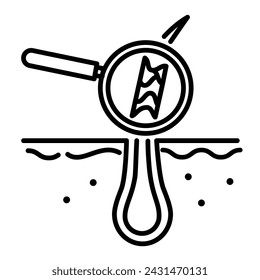 Hair treatment Icon. Hair follicles with magnifier. Trichoscopy. Medical problem in hair follicle icon. Logo diagnostic center hair health. Isolated Vector Illustration.