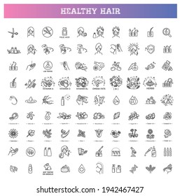 Hair treatment line icon set. Hair strengthening and growth