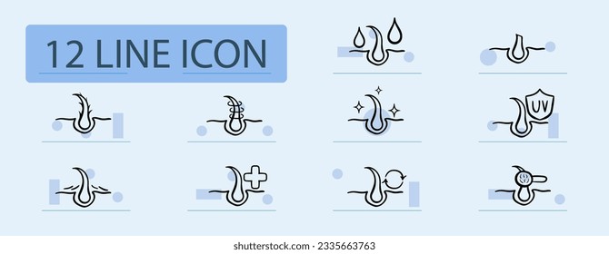 Hair treatment line icon. Shampoo, split ends, conditioner, root protection, regeneration. Pastel color background. Vector line icon