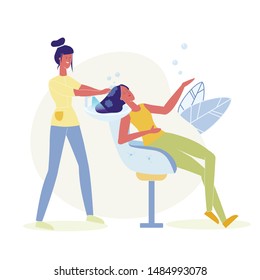 Hair Washing, Dyeing Flat Vector Illustration. Female Stylist and Beauty Salon Client Cartoon Characters. Woman sits in Armchair, Hairstyle Change. Professional Beautician, Fashion Parlor Service