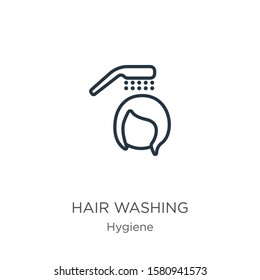 Hair washing icon. Thin linear hair washing outline icon isolated on white background from hygiene collection. Line vector sign, symbol for web and mobile