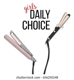 Hair waver vs straigtener daily choice print. Girly vector everyday life choice. Styling  wavers  and hair straightener morning mood fashion illustration