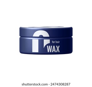 Hair wax package, men cosmetic product isolated 3d vector realistic mockup. Dark blue round container with haircare production, for styling hair in barber shop, salon or during domestic routine