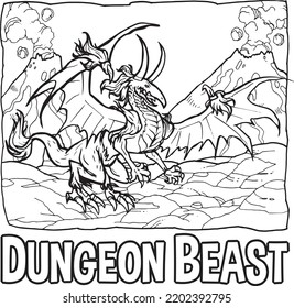 Hair Wings flying Dungeon Dragon Beast Monster Artline Illustration For Kids Coloring Book