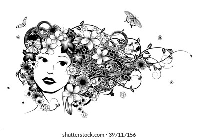 A hair woman concept fashion illustration of a beautiful womans face with abstract hair with butterflies and flowers