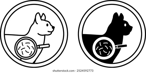 Hairball Control Labels. Black and White Vector Icons. Cat and Hair in Magnifying Glass. Pet Care Packaging Sticker