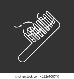 Hairbrush chalk white icon on black background. Сomb with hair strands. Hairloss problem. Dermatology issue. Thinning and falling hair. Stress symptom. Isolated vector chalkboard illustration