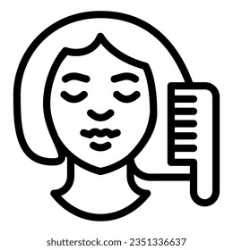 Hairbrush and girl face line icon, makeup routine concept, Women brushing hair with comb sign on white background, girl doing care icon outline style. Vector graphics.