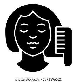 Hairbrush and girl face solid icon, makeup routine concept, Women brushing hair with comb sign on white background, girl doing hair care icon in glyph style. Vector graphics