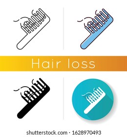 Hairbrush icon. Сomb with hair strands. Hairloss problem. Dermatology issue. Thinning and falling hair. Alopecia and balding. Linear black and RGB color styles. Isolated vector illustrations