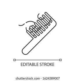 Hairbrush pixel perfect linear icon. Сomb with hair strands. Hairloss problem. Dermatology issue. Thin line customizable illustration. Contour symbol. Vector isolated outline drawing. Editable stroke