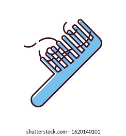 Hairbrush RGB color icon. Comb with hair strands. Hairloss problem. Dermatology issue. Thinning and falling hair. Stress symptom. Alopecia and balding. Isolated vector illustration