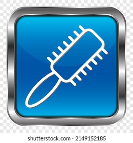 Hairbrush simple icon vector. Flat design. Metal, blue square button. Transparent grid.ai
