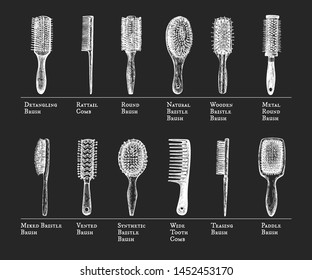 Hairbrushes and combs guide. Detangling brush, rattail, flat, round. Natural, wooden, mixed, synthetic, metal bristles. Vented, Wide tooth, teasing, paddle. On black board chalk hand drawing