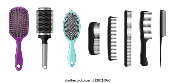 Hairbrushes and combs realistic set. Isolated hair brushes, barber and hairdresser tools. Plastic, metal hair care or hairstyle salon accessories. 3d vector illustration