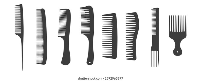 Hairbrushes and combs set. Comb icon silhouettes set. Hairdresser tools. Illustration 