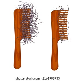 Hairbrushes with lost hair stuck in the bristle. Damaged hair strands on a comb. Excessive hair fall problem. Alopecia symptom concept. Vector illustration.