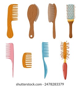 Hairbrushes vector set. Professional comb for hair styling. Curling and style brush. Hairdresser, stylist and beauty salon tools vector set. Illustration of hairbrush and comb, haircut and grooming.