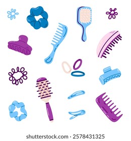 Haircare Accessories Collection. A detailed collection of various hair accessories, including clips, scrunchies, and elastics. Ideal for fashion, beauty, and personal care illustrations