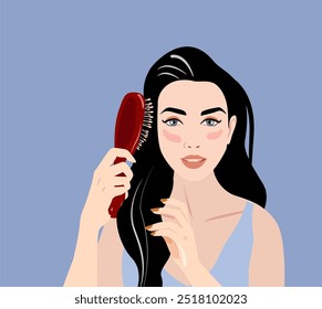 Cuidado del cabello y peinado. Niña cepillándose el pelo con peine redondo. Concepto de belleza e higiene. Ilustración vectorial. Demuestra cuidado personal, cuidado del cabello, hábitos de higiene diaria.