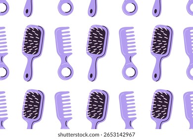 Haircare pattern featuring violet and lavender hairbrushes and combs with circular handles