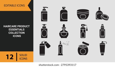Haircare product essentials collection solid icons showcasing everyday beauty products professional care solutions and cosmetic branding resources