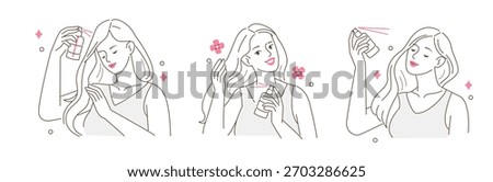 Haircare routine vector illustration set. Collection of beauty woman applying hair perfume to her roots and ends. Beauty and self-care concept.