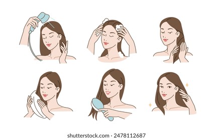 Juego de cuidado del cabello. Colección de chica lavándose, secándose con toalla y cepillándose el pelo con peine. Concepto de belleza e higiene. Ilustración vectorial.