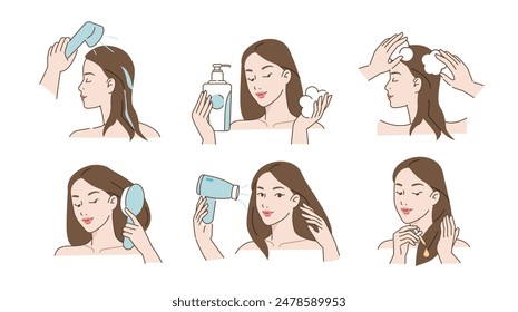 Juego de cuidado del cabello. Colección de lavar a la niña, secar con secador de pelo, cepillarse el pelo con peine y usar aceite de tratamiento. Concepto de belleza e higiene. Ilustración vectorial.