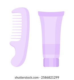 Haircare set icon. Comb and cosmetic tube in purple shades. Used for personal grooming and beauty care.