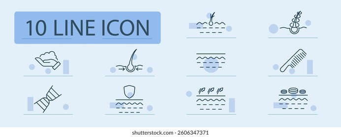 Haircare set icon. Foam, follicle, curl, comb, DNA, protection, treatment, volume, structure, hand, skin, scalp, growth, regeneration, cosmetic, serum, elasticity, thickness