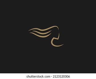 Haircare symbol, girl head gold line silhouette. Logotype for lotion, mask, shampoo, oil for hair health. Vector logo template