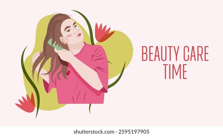 Haircare woman brushing long hair. Young female doing beauty routine and self-care. Healthy lifestyle concept for web banners, postcards. Minimalistic vector illustration in flat modern style