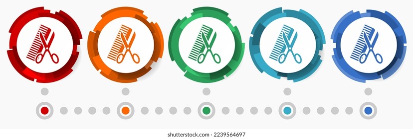 Haircut, barber concept vector icon set, modern design abstract web buttons in 5 color options, infographic template for webdesign and mobile apps