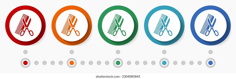 Haircut, barber concept vector icon set, infographic template, flat design colorful web buttons in 5 color options