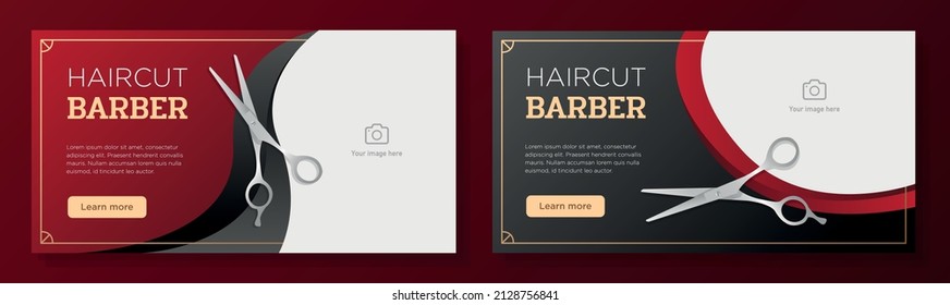 Haircut barbershop conjunto de plantillas de banner en línea, tijeras de barbero anuncio corporativo, anuncio horizontal, página web de campaña de negocios de peluquería, volante, folleto creativo, aislado en segundo plano.