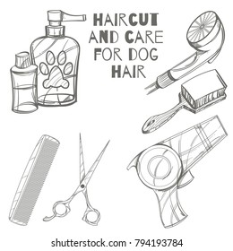 Haircut and care for dog hair. Set of outline vector illustrations isolated on white background.