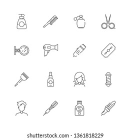 Haircut icon. Beauty salon hairstyle steaming and washing cutting tools scissors comb hairdryer vector thin simple pictures