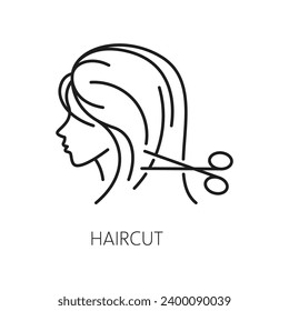 Icono de corte de pelo, cuidado del pelo y tratamiento de señal lineal vectorial aislada, presenta un par de tijeras y silueta de cabeza femenina con cabello estilizado, representando un símbolo para servicios de peinado y de grooming