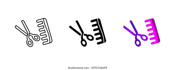 Haircut icon. Scissors and comb crossed, representing hairstyling, grooming and barbershop services. Vector illustration for beauty salons, professional styling and personal care branding.