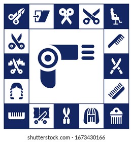 haircut icon set. 17 filled haircut icons.  Simple modern icons such as: Scissors, Hairdryer, Hairstyle, Comb, Shears, Shear, Wig, Salon chair